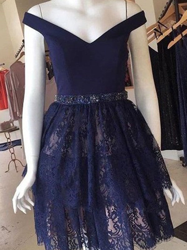 Wholesale A-Line/Princess Sleeveless Satin Lace Off-the-Shoulder Beading Short/Mini Dresses